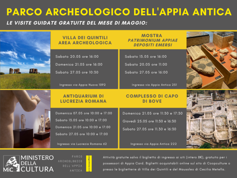 Visite guidate gratuite nei siti del Parco Archeologico dell’Appia Antica. Gli appuntamenti del mese di maggio